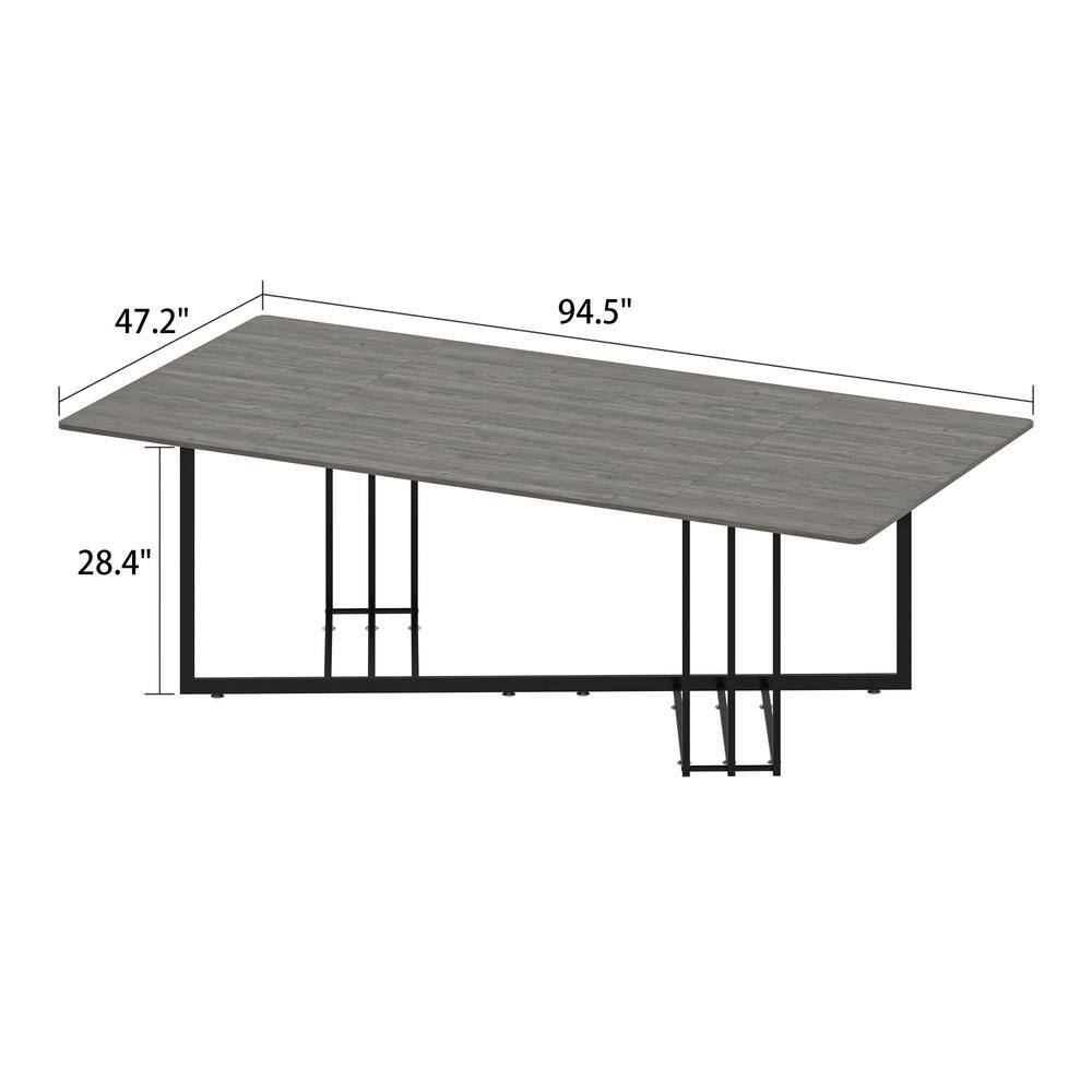 None Gray Grain Wood 94.4 in. W Metal Trestle Big Dining Table, Meeting Table Seat 6+, Legs Collapsible