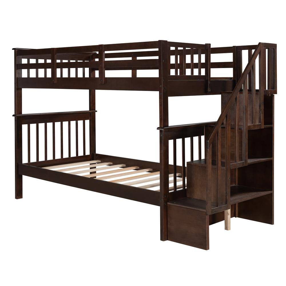 Qualler Hazzard Espresso Twin Over Twin Bunk Bed with Stairs and Shelves