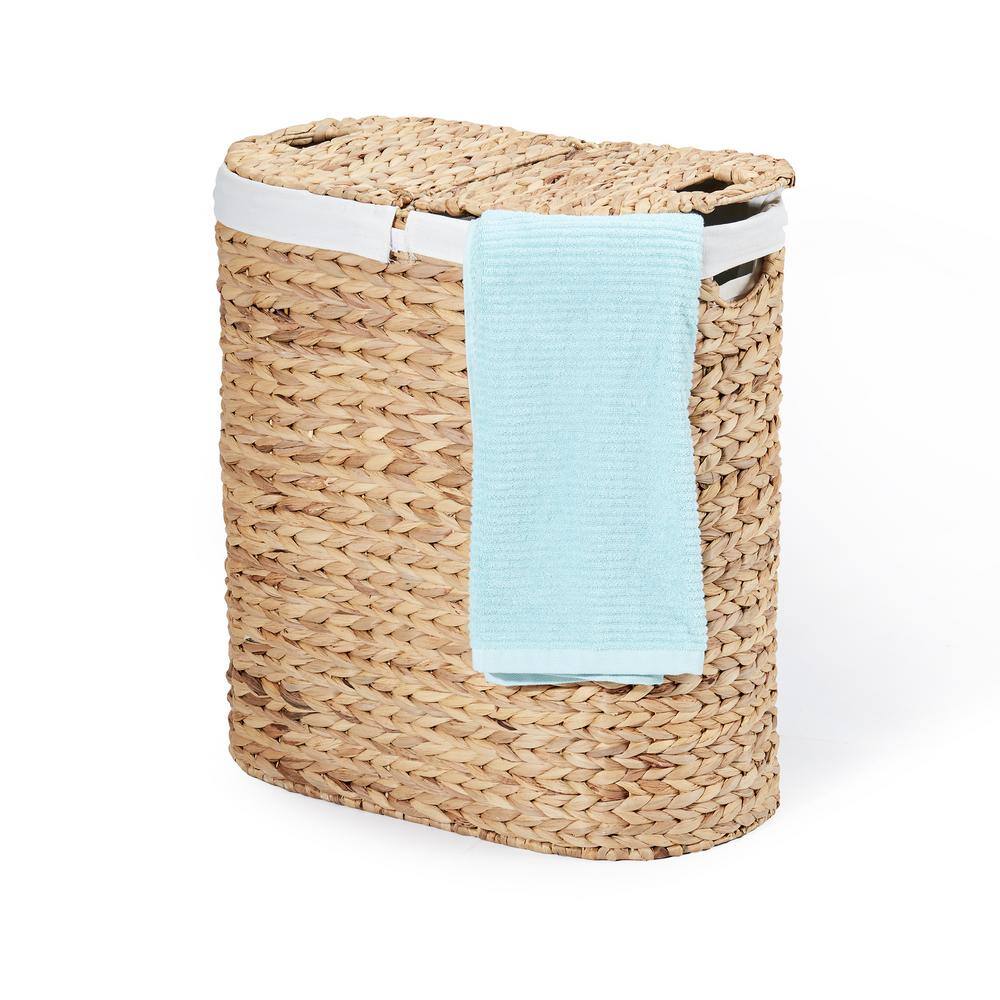 Seville Classics Hand Woven Natural Wicker Water-Hyacinth Lidded Oval Double Laundry Hamper with Bags