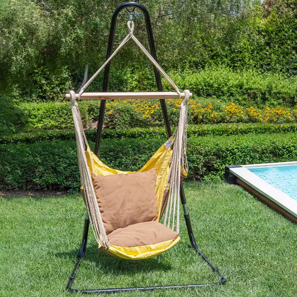 Sol Living Sereno 6.5 ft. Portable Single Polyester Hammock in Yellow with Brown Cushion