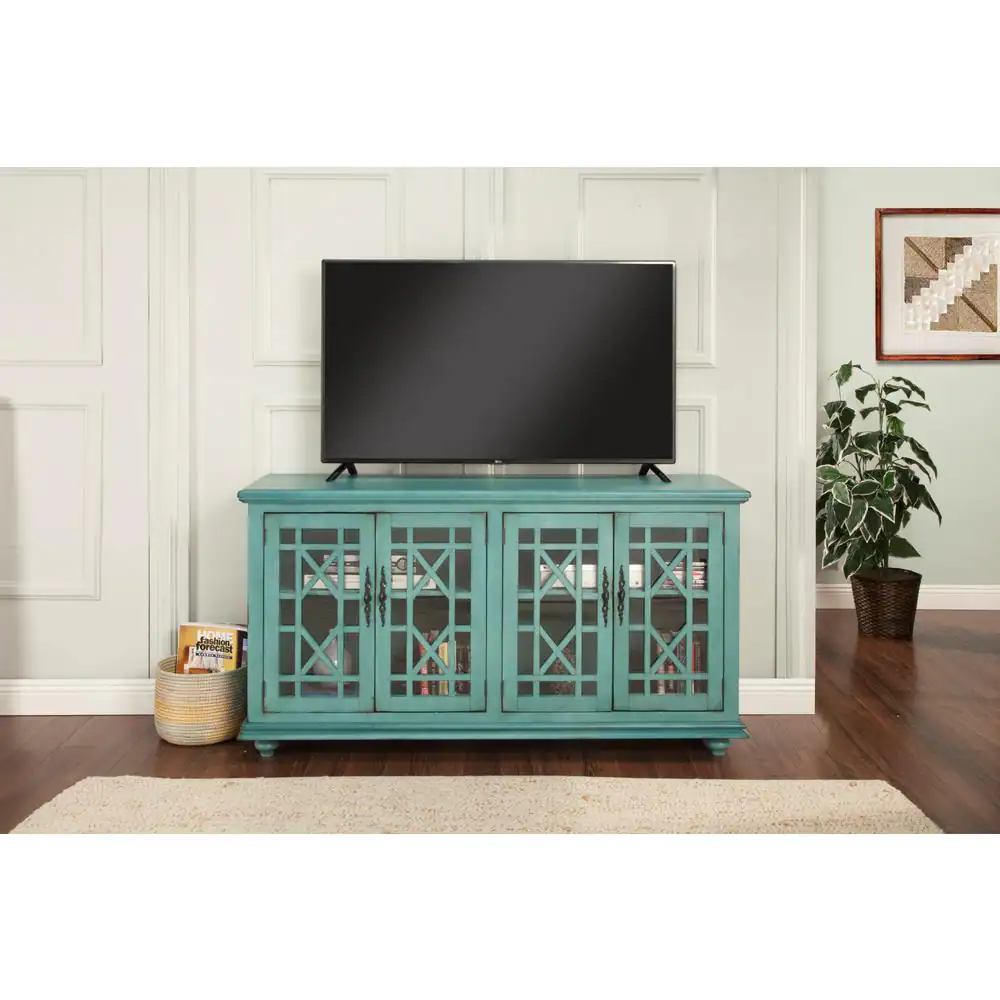 Martin Svensson Home Elegant Teal Glass TV Stand Fits TVs Up to 65 in. with Cable Management