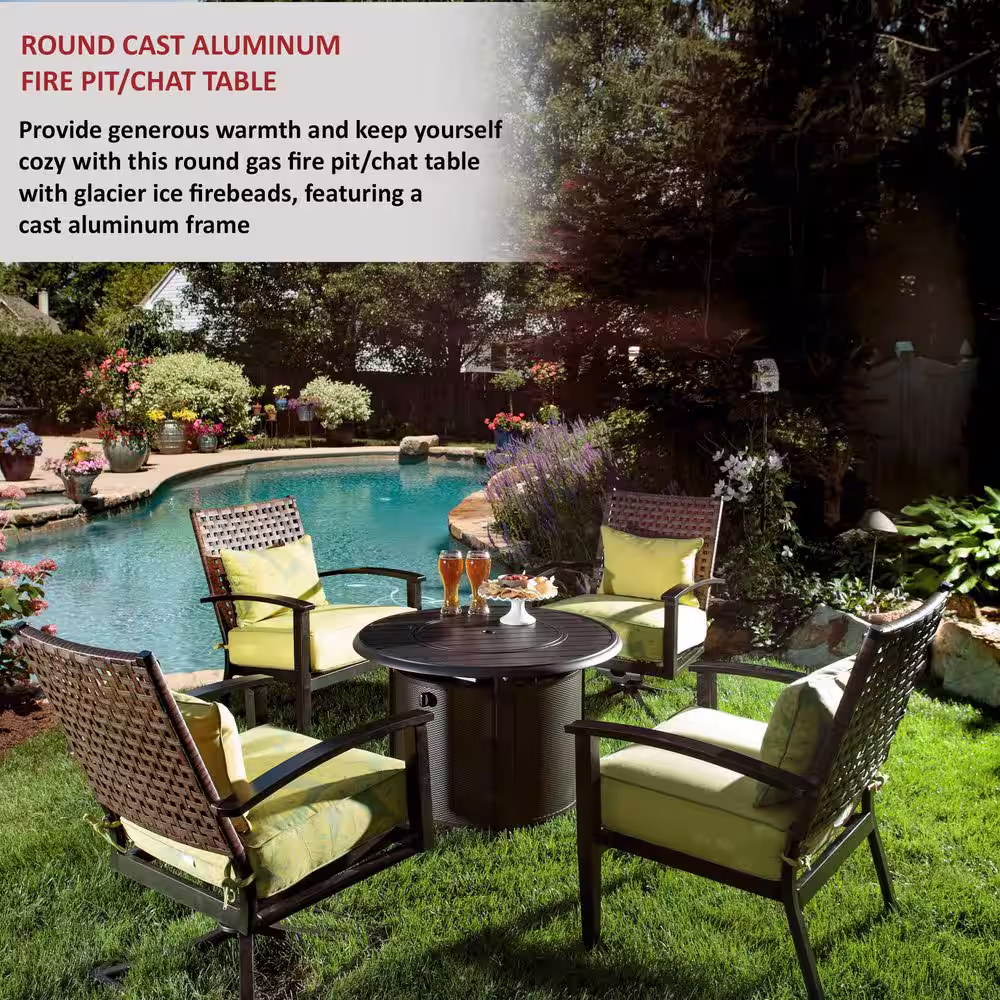 Alfresco Bay Ridge 36 in. x 25 in. Round Aluminum Propane Gas Fire Pit Table with Glacier Ice Firebeads