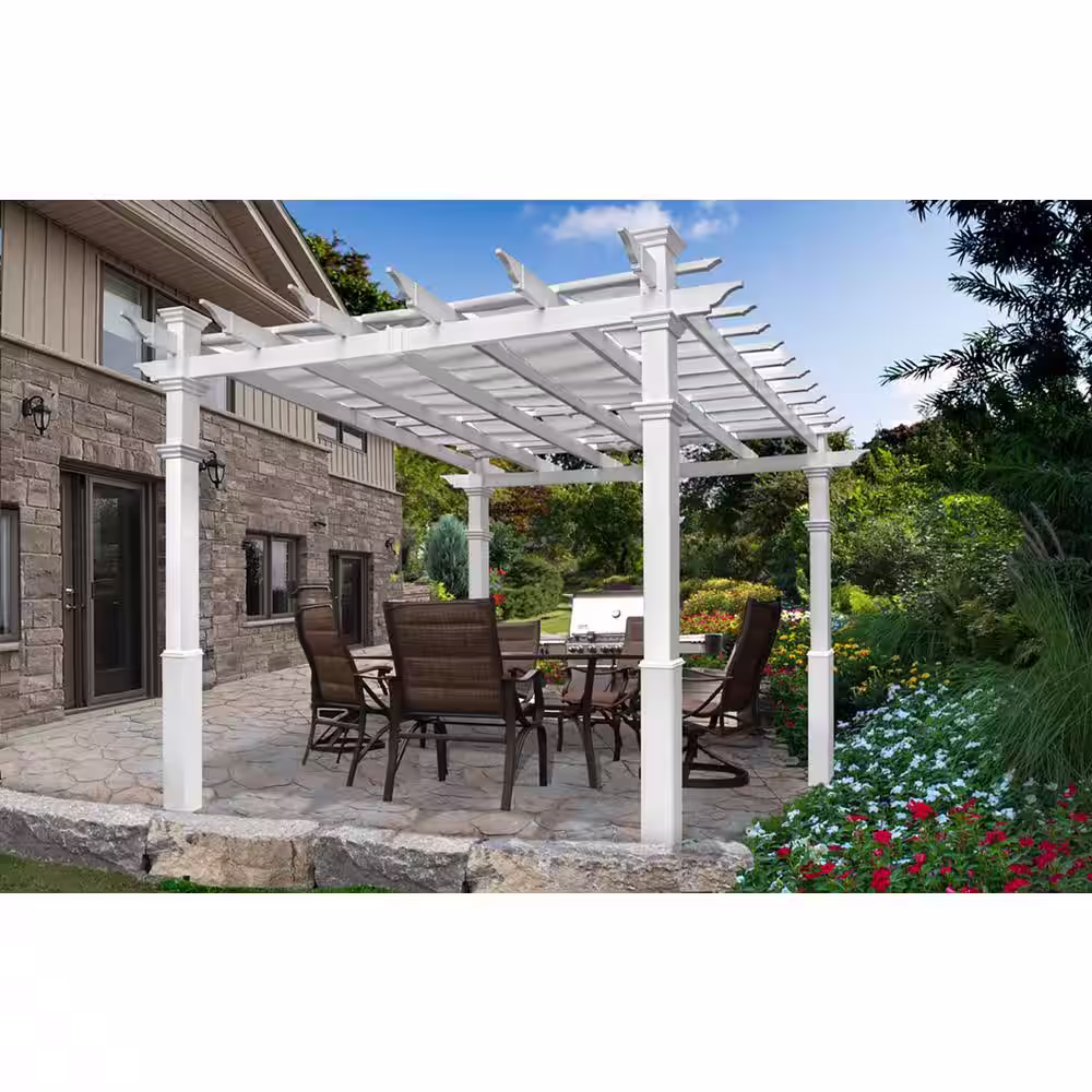 None 10 ft. x 10 ft. White Vinyl Deluxe Pergola with Base Moldings and Canvas Weave