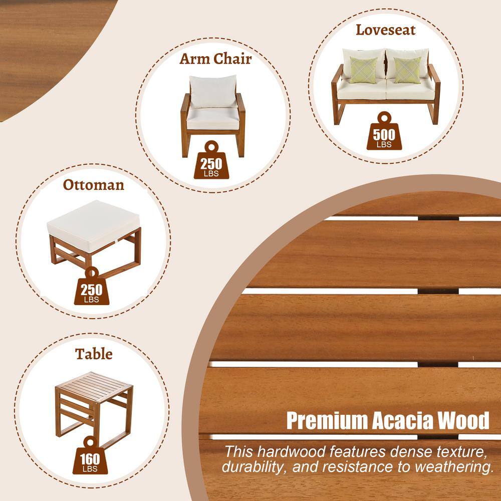 None 6-Piece Acacia Wood Patio Conversation Sectional Seating Set with Beige Cushions and Ottomans