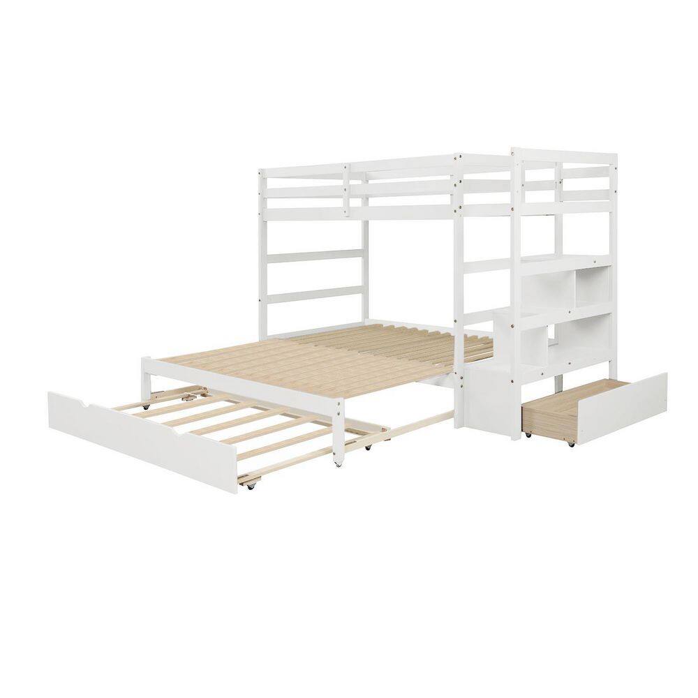 None White Twin Over Twin/King (Irregular King) Bunk Bed with Twin Trundle, Extendable Bunk Bed