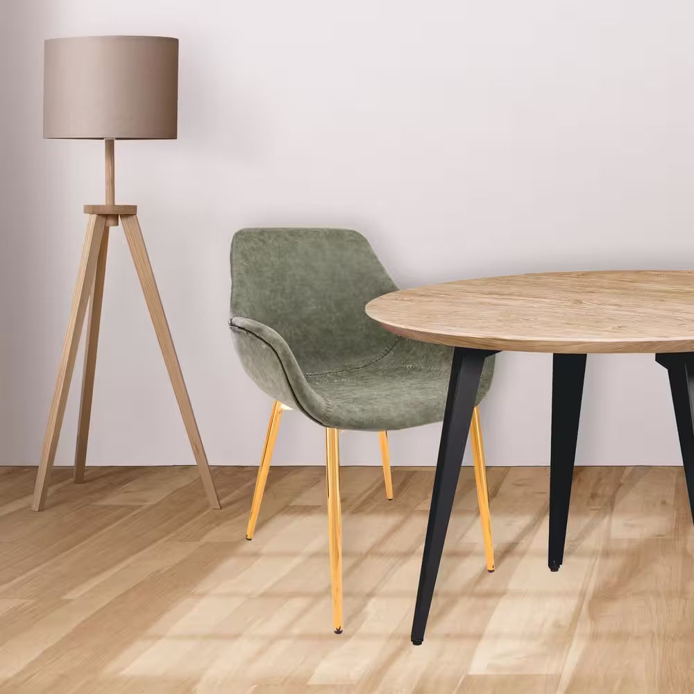 Leisuremod Markley Modern Leather Dining Arm Chair With Gold Metal Legs Set of 4 in Olive Green