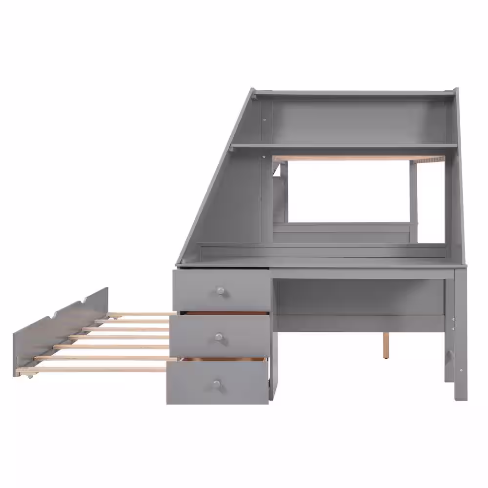 Harper & Bright Designs Gray Twin Over Full Wood Bunk Bed with Built-in Desk and Trundle