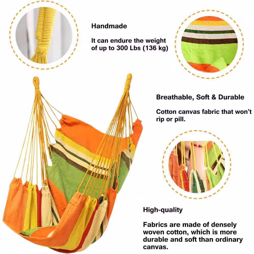 None Hammock Chair Hanging Rope Swing, Max 300 lbs. Hanging Chair with Pocket- Quality Cotton Weave (Orange)