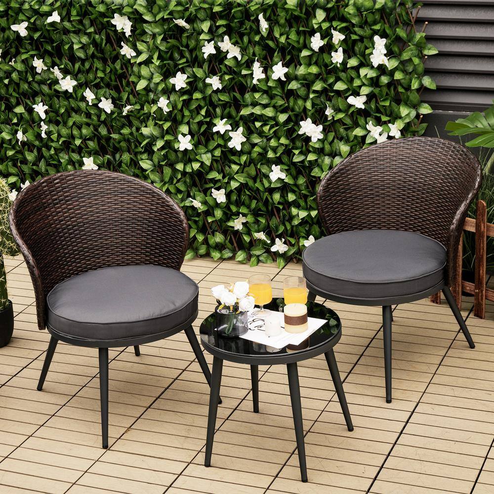 ANGELES HOME 3-Piece Wicker PE Rattan Outdoor Bistro Set with Gray Cushions