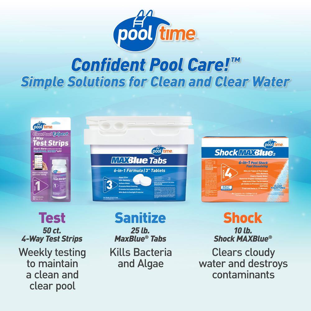 Pool Time 25 lb MAXBlue Tablets Pool Chlorinating with 10 lb. MAXBlue Shock + 50 ct. Test Strips