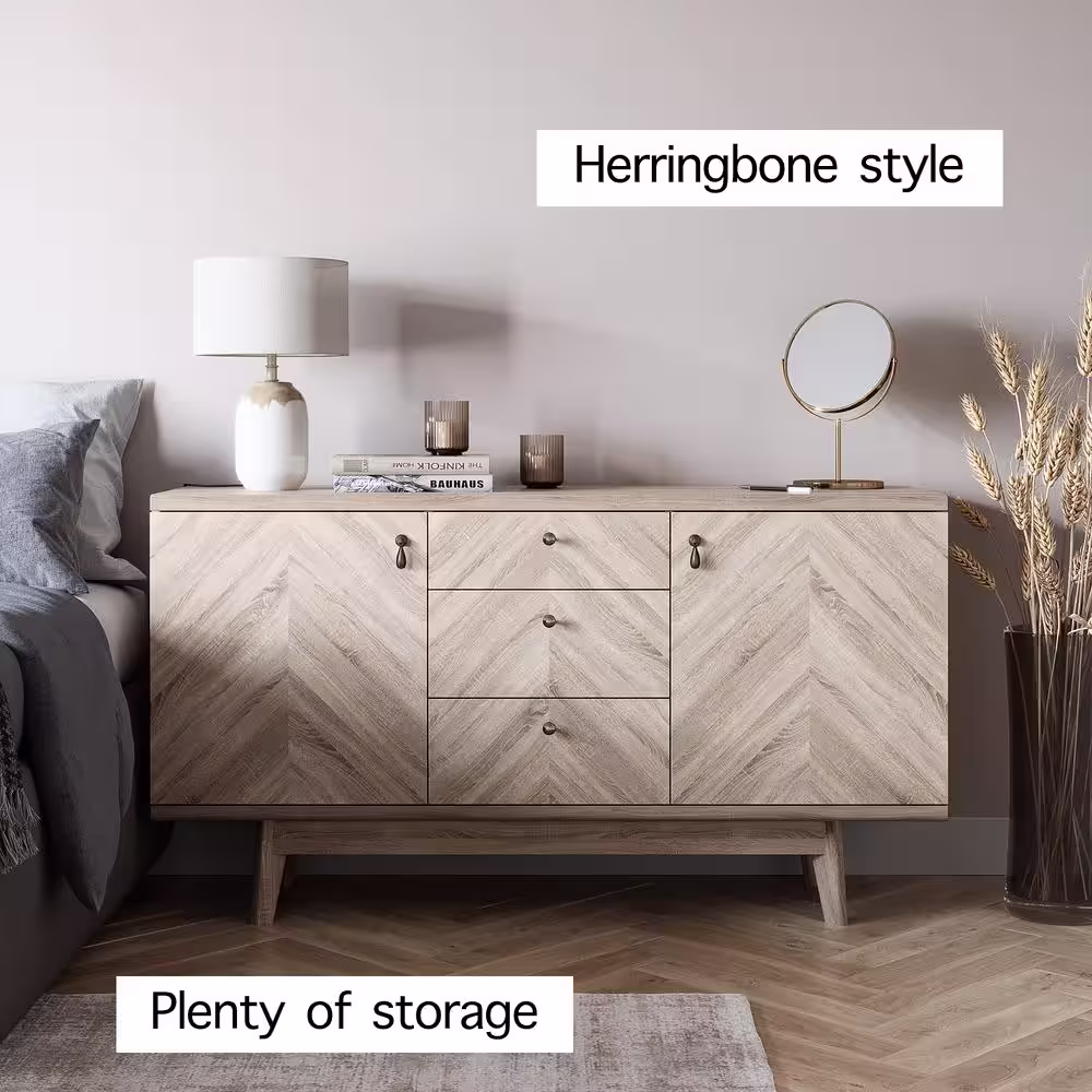 None Scandi Beige Herringbone style Sideboard with 3-Drawers