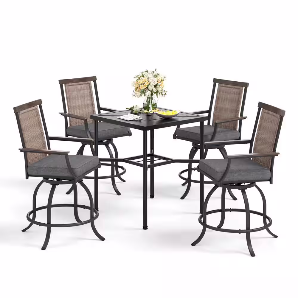 None 5-Piece Metal Bar Height Outdoor Bistro Set with Square Table and Rattan Bistro Chairs with Gray Cushion