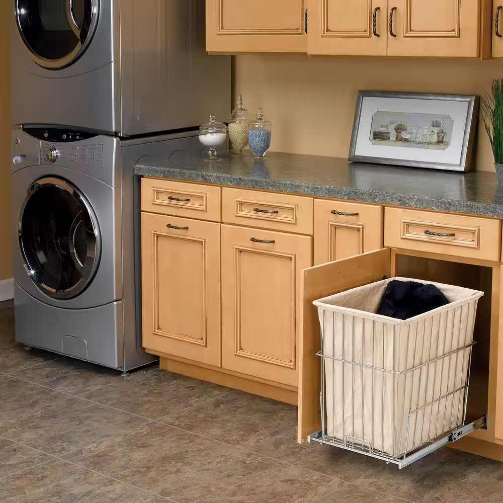 Rev-A-Shelf Chrome Metal Pullout Wire Clothes Hamper with Liner and Mounting Hardware