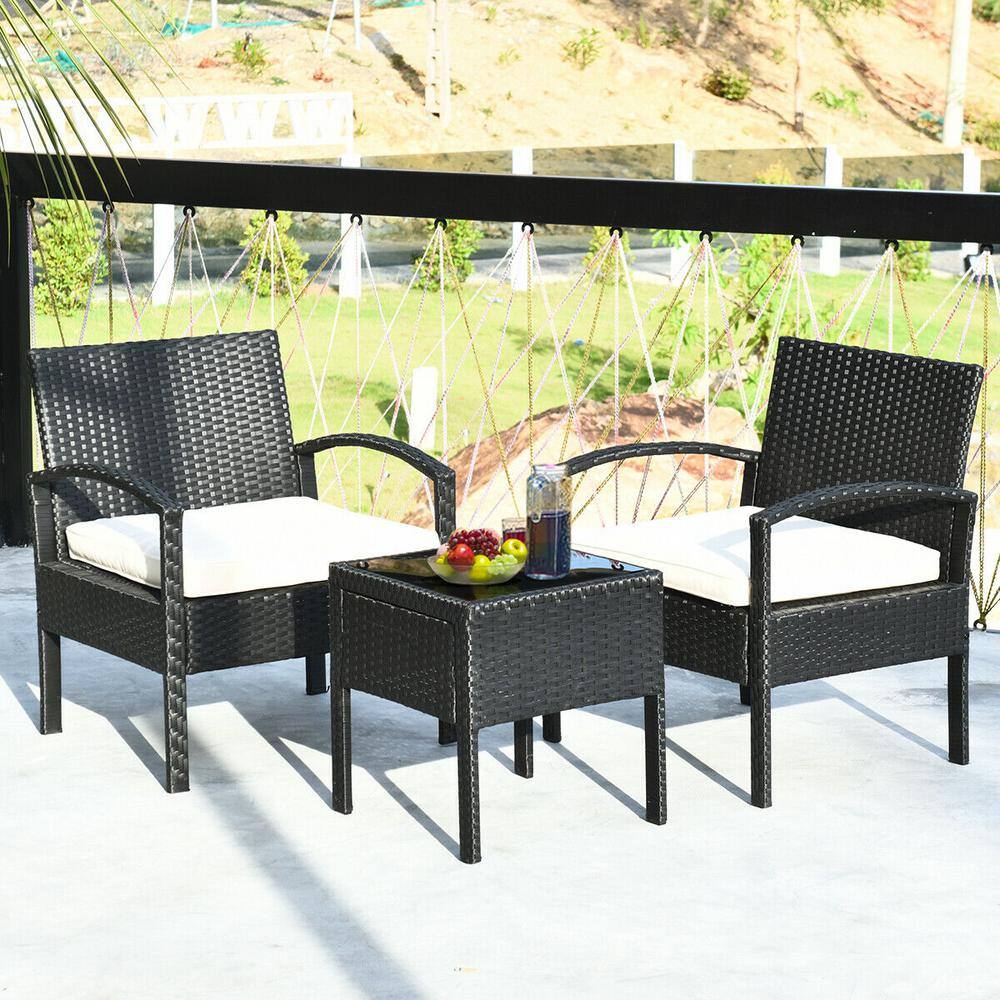 Costway Black 3-Piece Rattan Wicker Patio Conversation Set Backyard Garden Seating Furniture with Off White Cushions