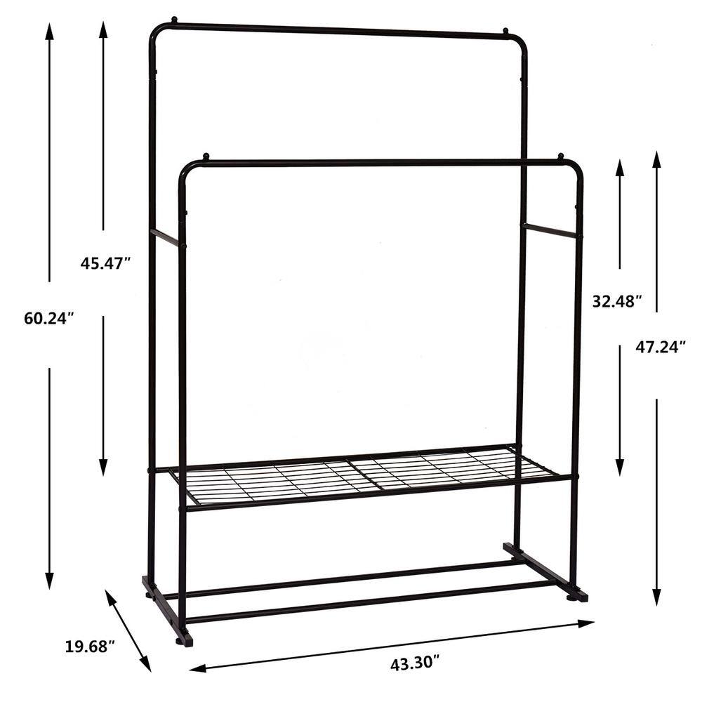 None Black Double Rods Multi-functional Freestanding Metal Clothes Rack 43.30 in. W x 60.24 in. H