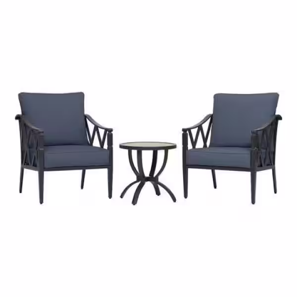 Hampton Bay Harmony Hill 3-Piece Black Steel Outdoor Patio Stationary Conversation Set with CushionGuard Sky Blue Cushions