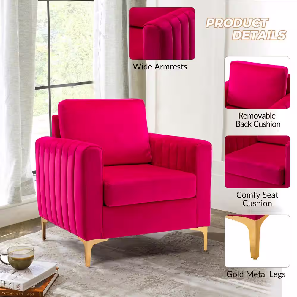 JAYDEN CREATION Ennomus Modern Fuchsia Velvet Cushion Back Club Chair with Golden Metal Legs and Track Arms