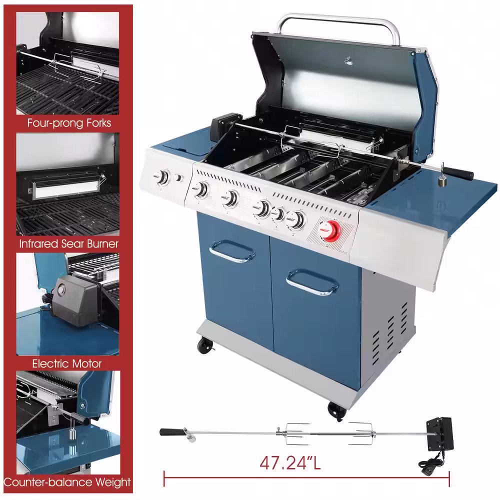 Royal Gourmet 5-Burner Propane Gas Grill in Blue with Rotisserie Kit