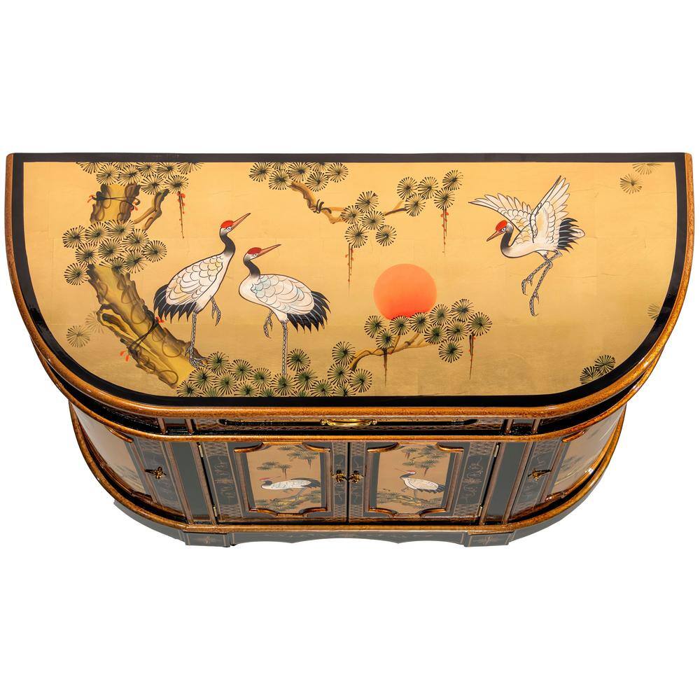 Oriental Furniture Gold Lacquer Cranes Accent Cabinet