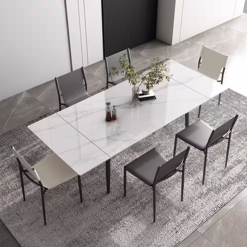 None 62.9 in. to 94.4 in. Rectangle White Stone Extendable Dining Table