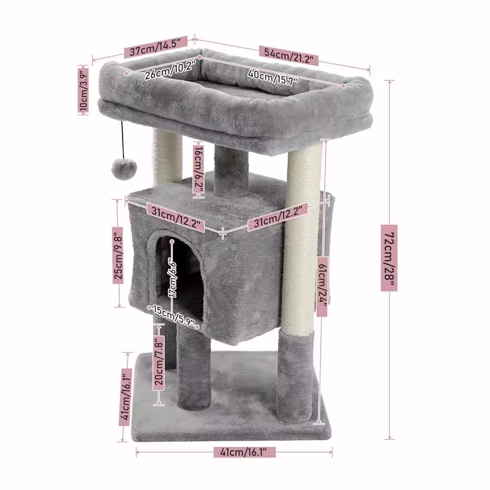 Foobrues 28.40 in. H Pet Cat Scratching Posts and Trees Cat Bed with Condos and Replaceable Dangling Balls in Gray