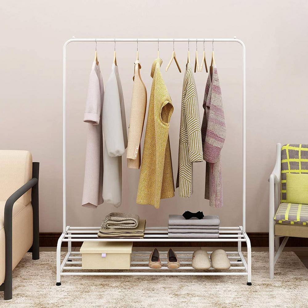 None White Metal Garment Clothes Rack with Shelves 47 in. W x 62 in. H