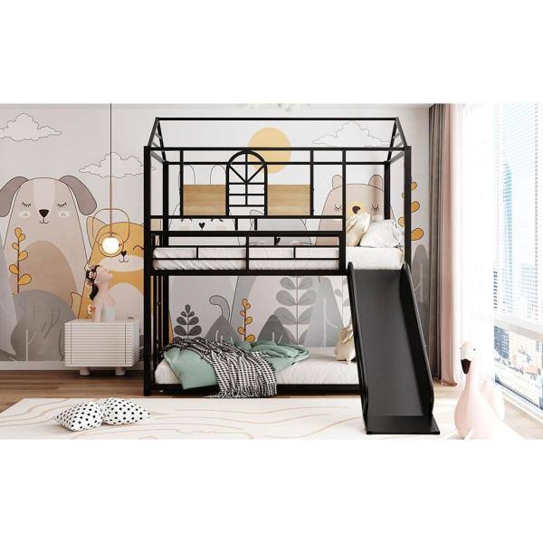 None Twin Metal Bunk Bed, Metal House bed with Slide Black with Black Slide