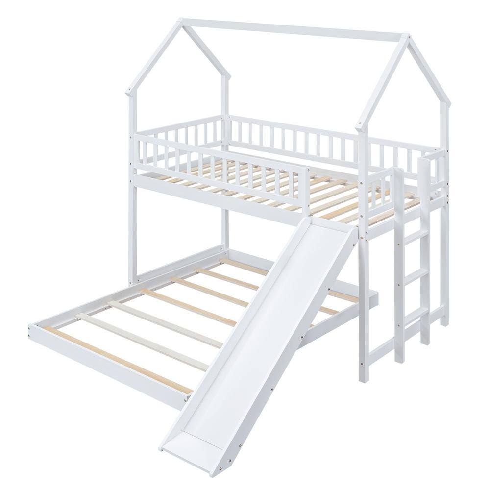 Harper & Bright Designs L-Shaped White Twin over Full Wood House Bunk Bed with Built-in Ladder and Slide