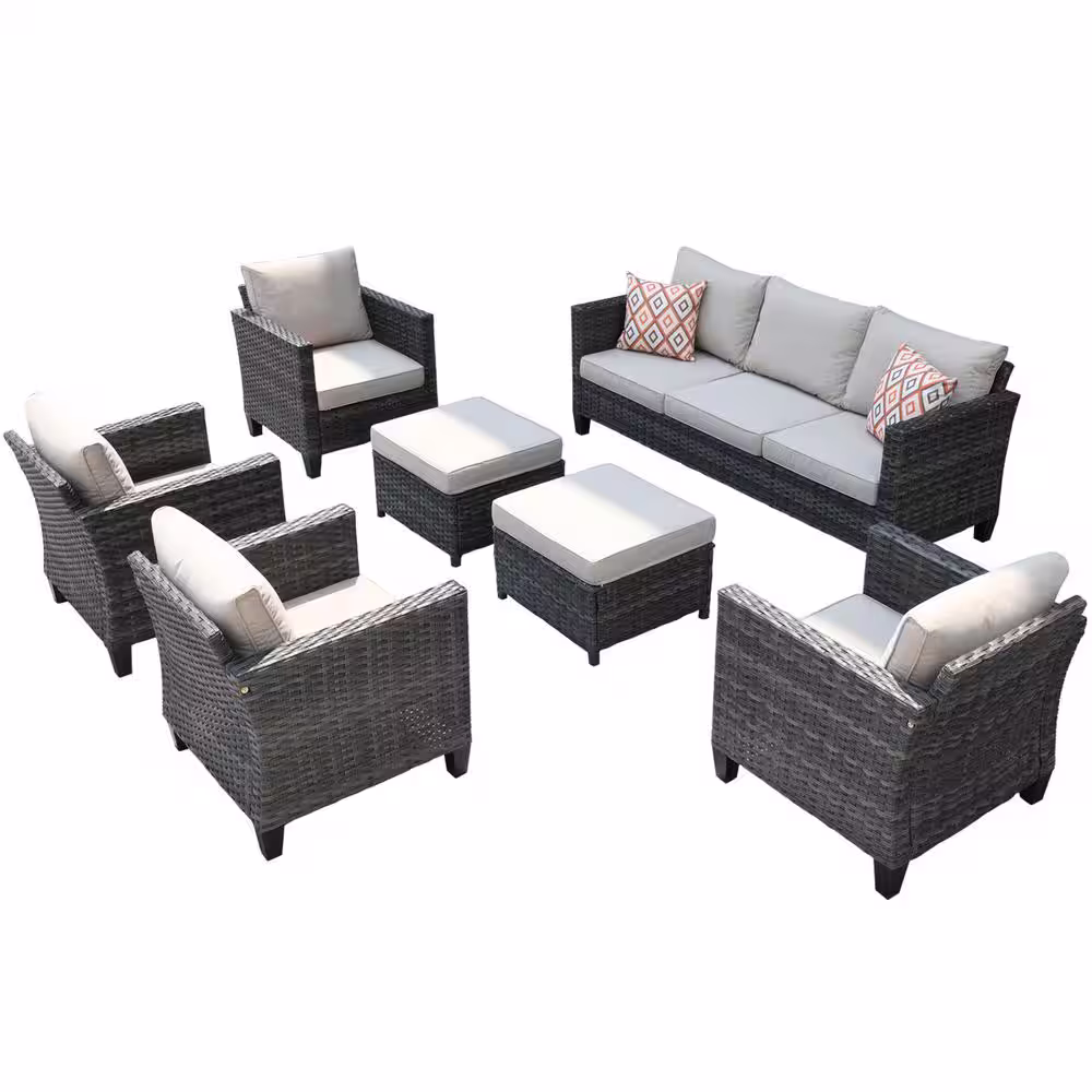 OVIOS Positano Gray 7-Piece Wicker Patio Conversation Set with with Beige Cushions