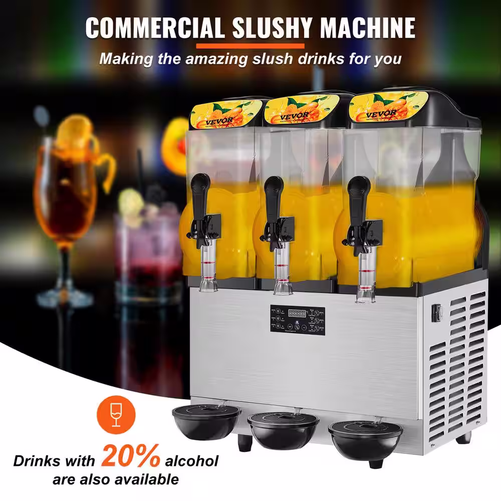 VEVOR 3 x 405 oz. Commercial Slush Machine Margarita Smoothie Frozen Drink 1200W Stainless Steel Snow Cone Machine