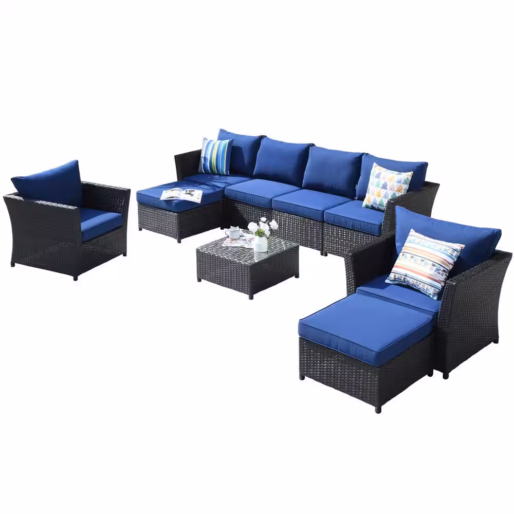XIZZI Huron Gorden Brown 9-Piece Wicker Outdoor Patio Conversation Sectional Sofa Set with Navy Blue Cushions