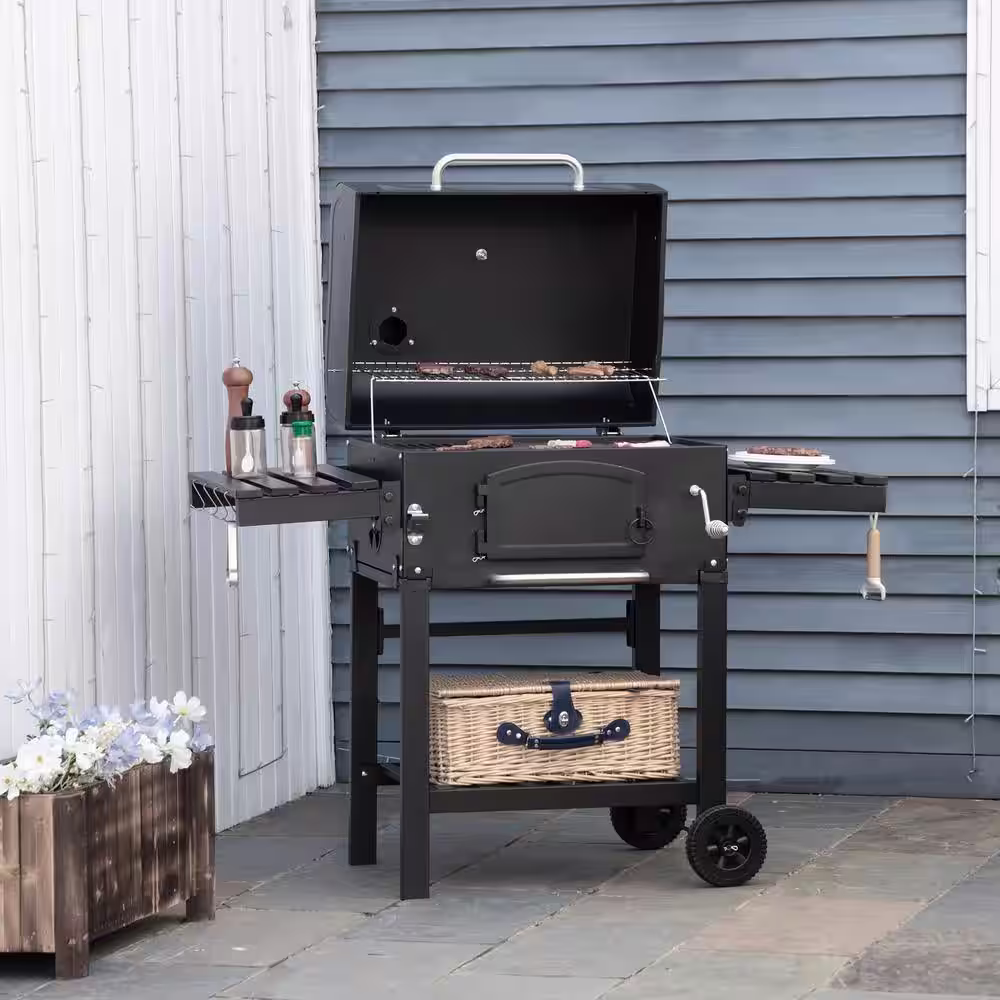 Outsunny Metal Charcoal Smoker in Black Grill BBQ with Adjustable Height and Folding Shelves
