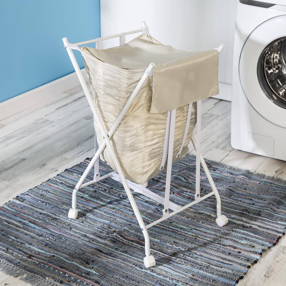 Honey-Can-Do White/Natural Steel and Polycotton Single Bounce Back No Bend Laundry Hamper with Wheels