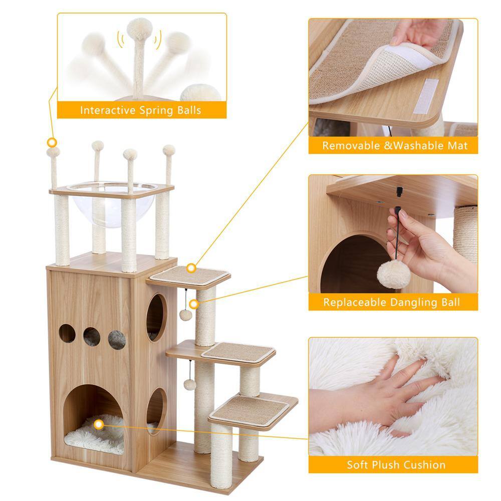 Foobrues 51.20 in. H Pet Cat Scratching Posts and Trees MDF Cat Tower with Fully Sisal Covering Scratching Posts in Beige