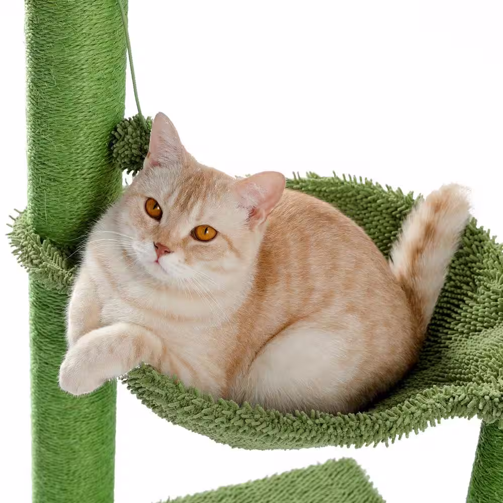 None 36.9 in. H Cat Tree Cat Scratching Post with Hammock Play Tower in Green