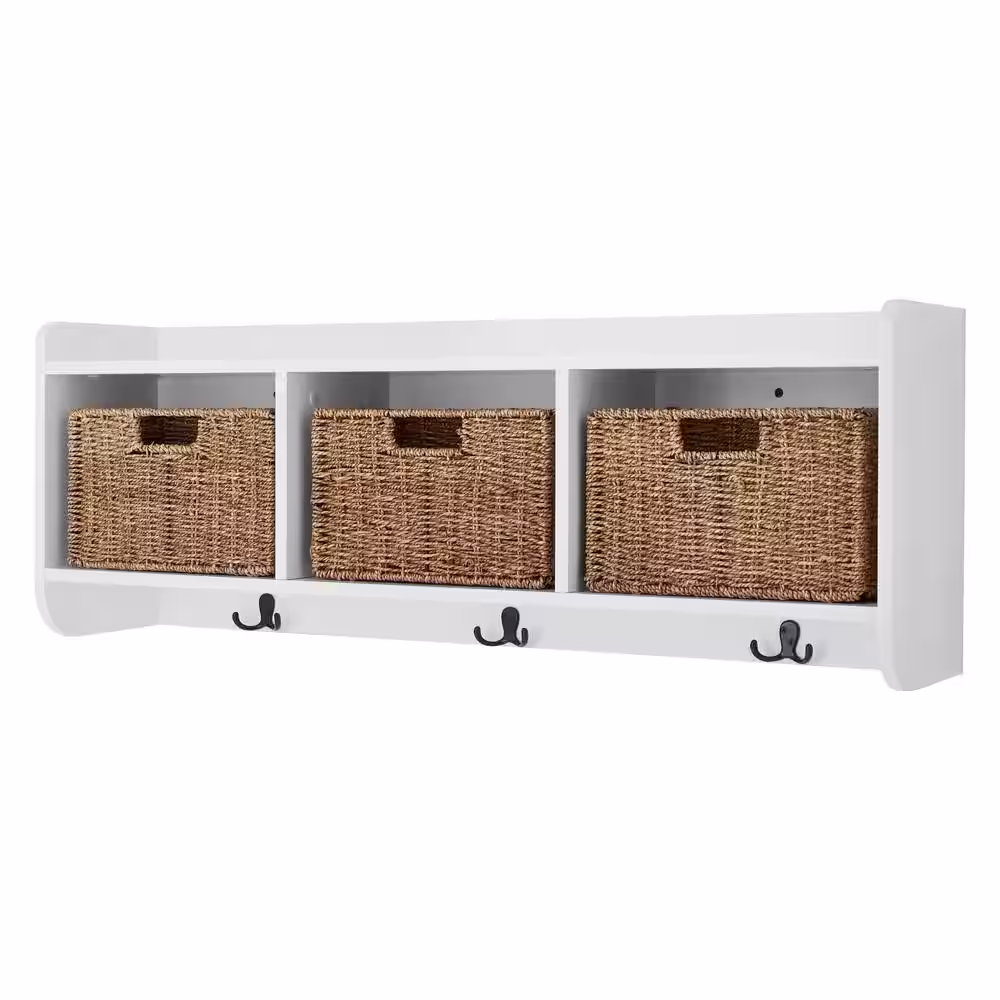 Home Decorators Collection 9.2 in. H x 40 in. W xÂ 8.7Â in. D White Wood Floating Decorative Cubby Wall Shelf with Hooks and Baskets