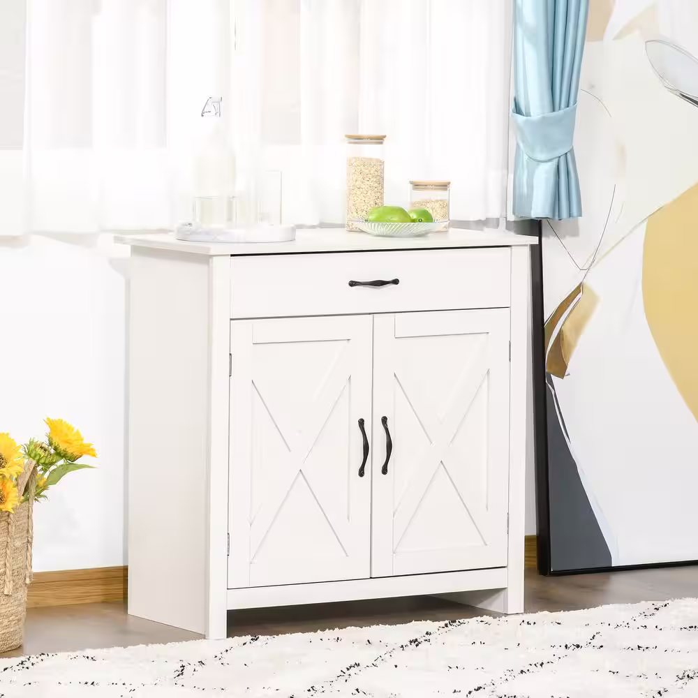 HOMCOM White MDF Farmhouse Barn Door Style Sideboard Cabinet, Buffet Storage Cabinet Coffee Bar for Living Room or Entryway