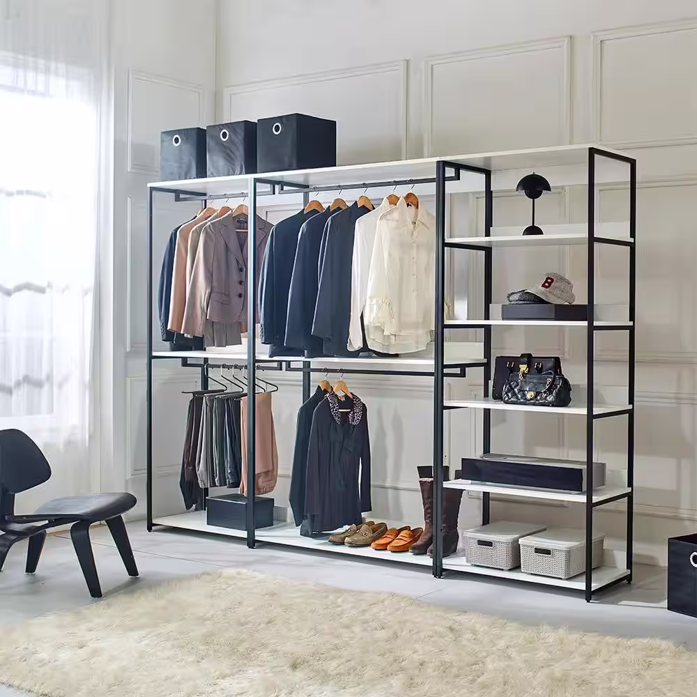 None Fiona 111 in. W White Freestanding 3 Tower System 7 -Shelf Walk in Wood Closet System with Metal Frame