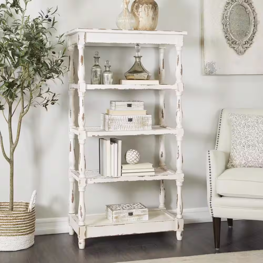 Litton Lane 5 Shelf Wood Stationary White Distressed Open Shelving Unit with Spindle Sides and Mesh