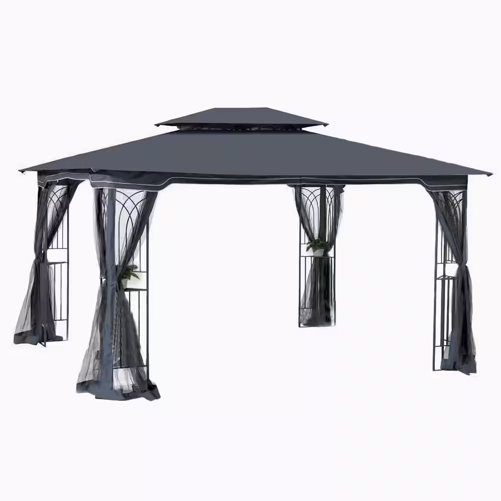 None 13 ft. x 10 ft. Gray Top Patio Gazebo Canopy Tent With Ventilated Double Roof and Mosquito Net