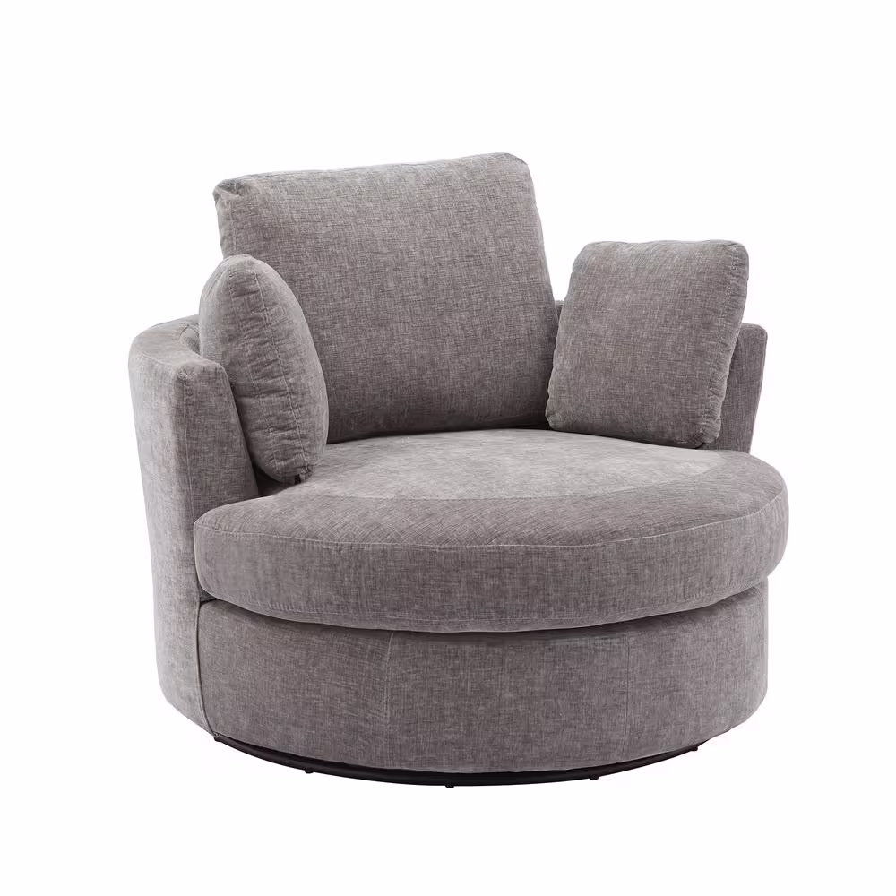None 42.2 in. W Gray Chenille Swivel Accent Barrel Chair Oversized Arm Chair with 3 Pillows