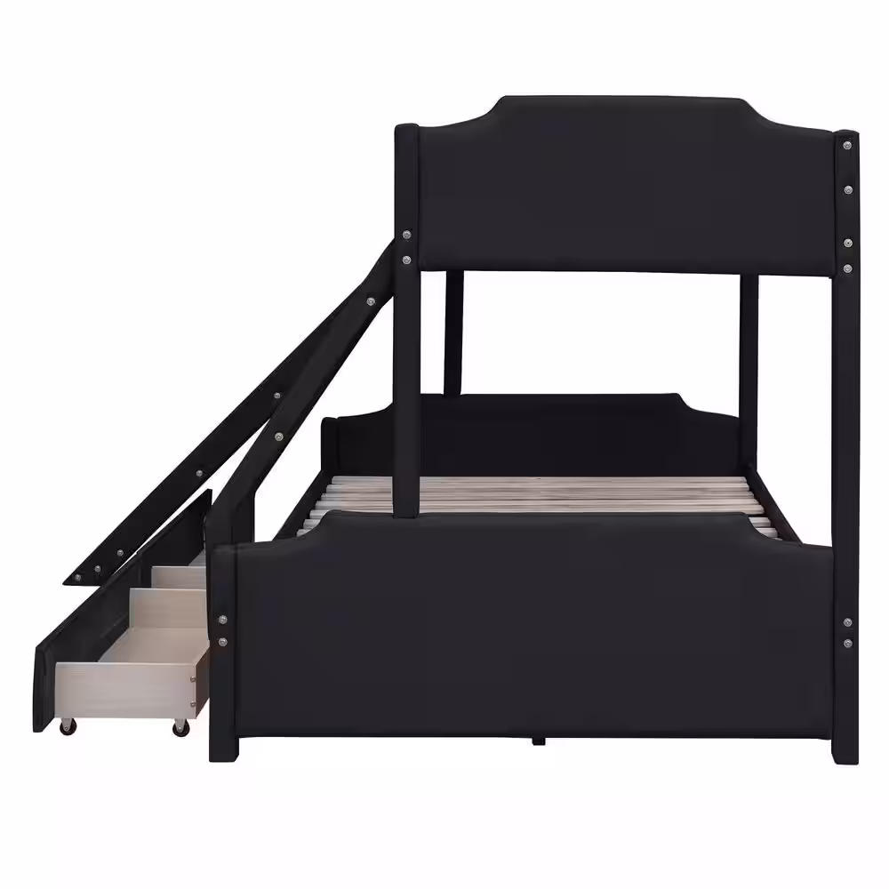 Harper & Bright Designs Black Twin over Full Upholstery Bunk Bed with Ladder, Slide and 2 Drawers
