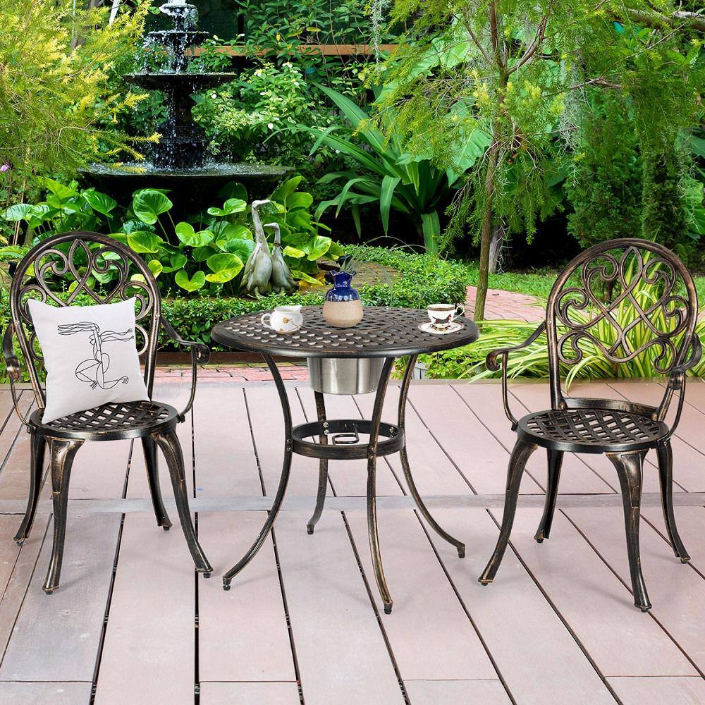Costway Bronze 3-Piece Aluminum Round Table 34 in. Outdoor Bistro Set