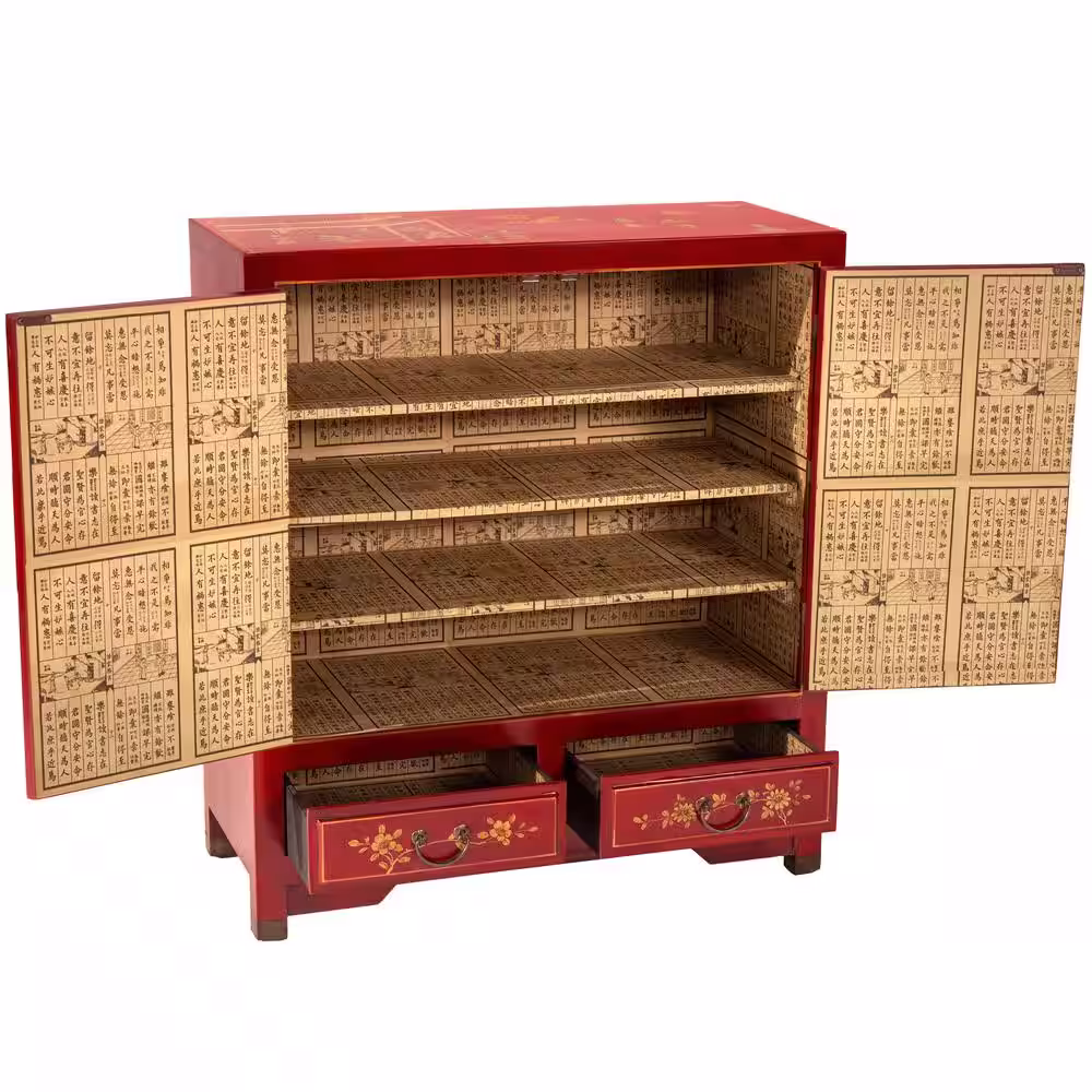 Oriental Furniture 37 in. H x 33 in. W 12-Pair Red Lacquered Wood Landscape Shoe Storage Cabinet