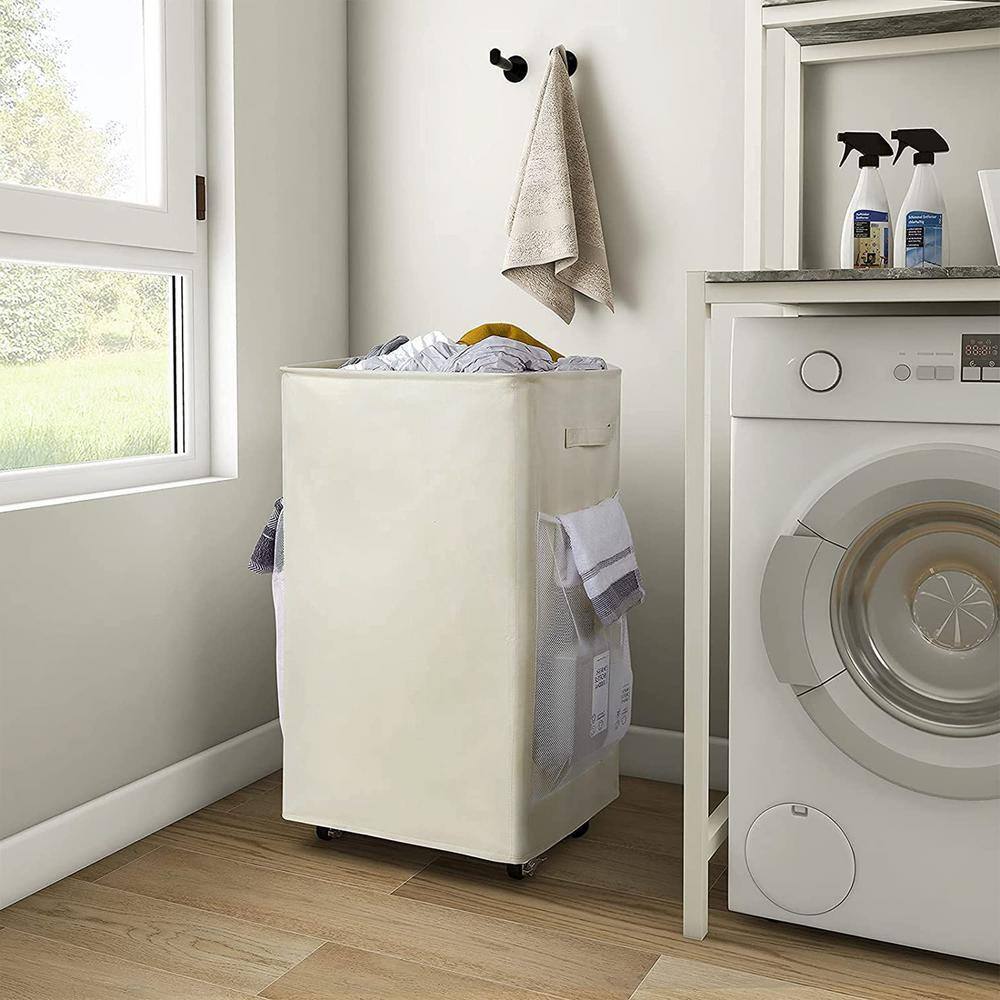 None 90 L Fabric Laundry Basket Hamper with Wheels Beige