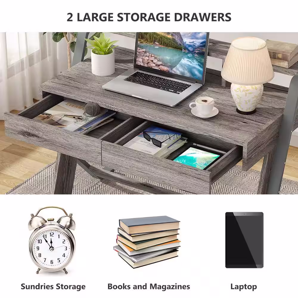 TRIBESIGNS WAY TO ORIGIN Abend 47 in. Retangular Oak Gray 2 Drawer Computer Desk with Monitor Stand Riser