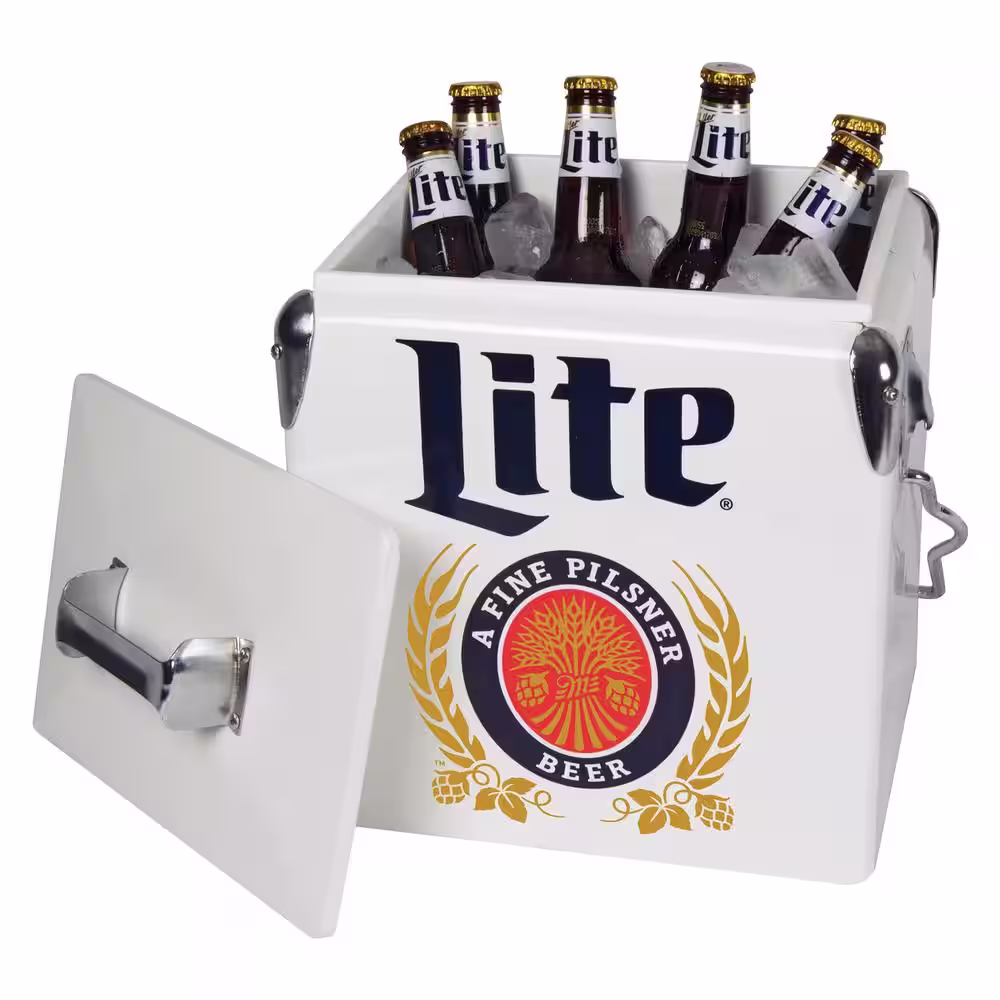 Koolatron Miller Lite Retro Ice Chest Beverage Cooler with Bottle Opener 13L (14 qt.) 18 Can, White and Blue