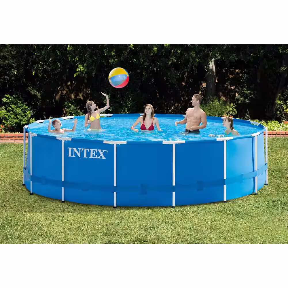 INTEX 15 ft. x 48 in. Round Metal Frame Above Ground Swimming Pool Set and 15 ft. Pool Cover
