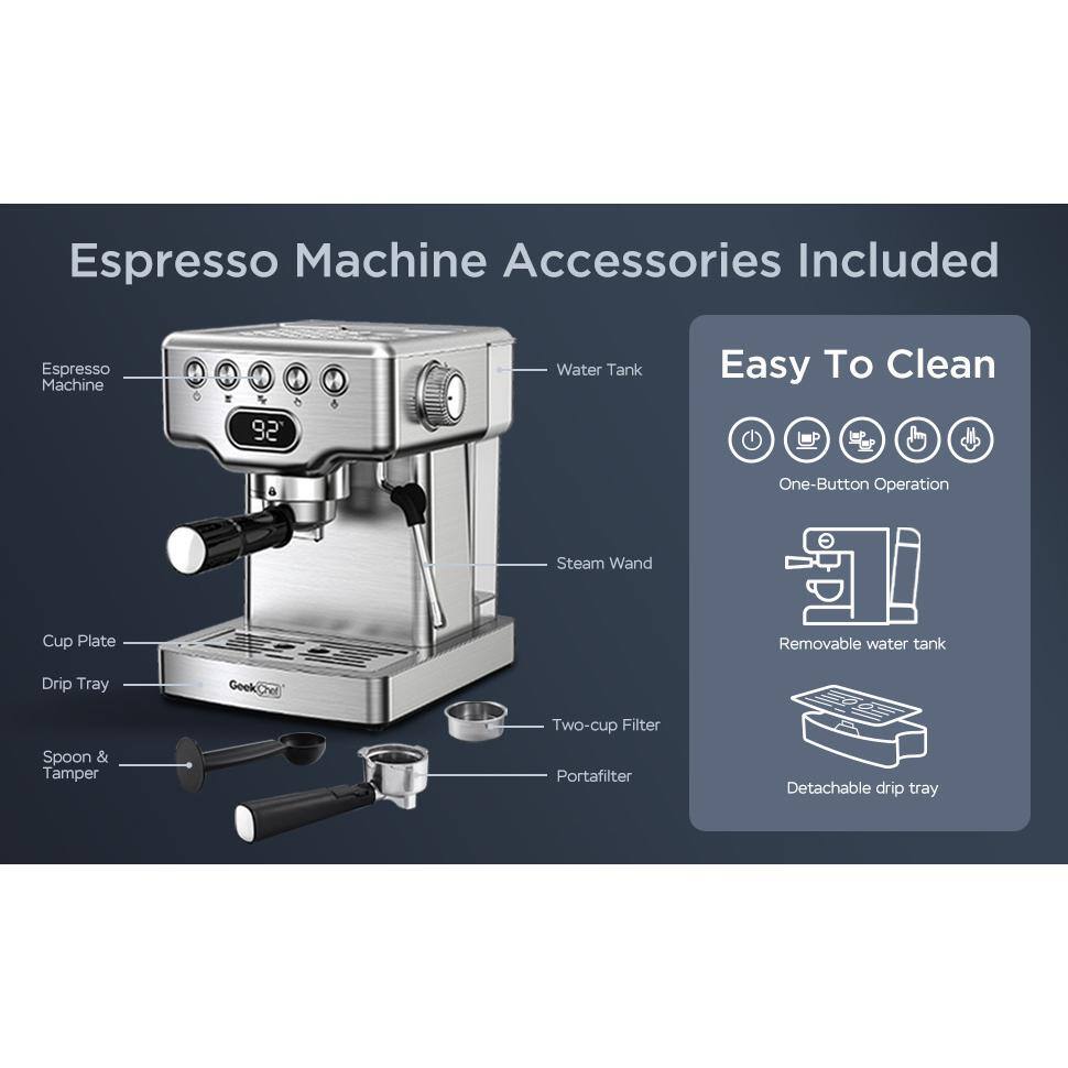 None 2- Cup Silver 20 Bar Espresso Machine with Milk Frother, 1.8L Water Tank, Stainless Steel