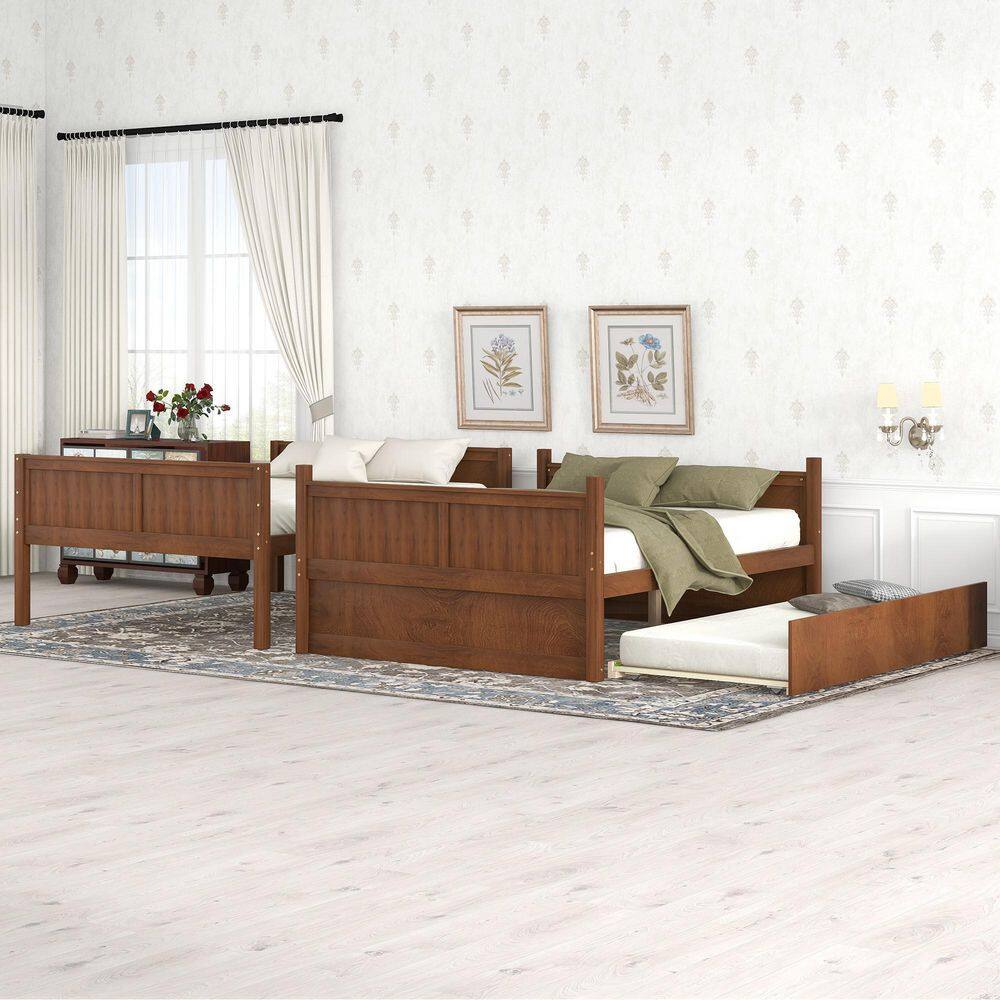 None Walnut Full Over Full Bunk Bed for Kids Teens, Detachable Wood Full Bunk Bed Frame with Twin Size Trundle